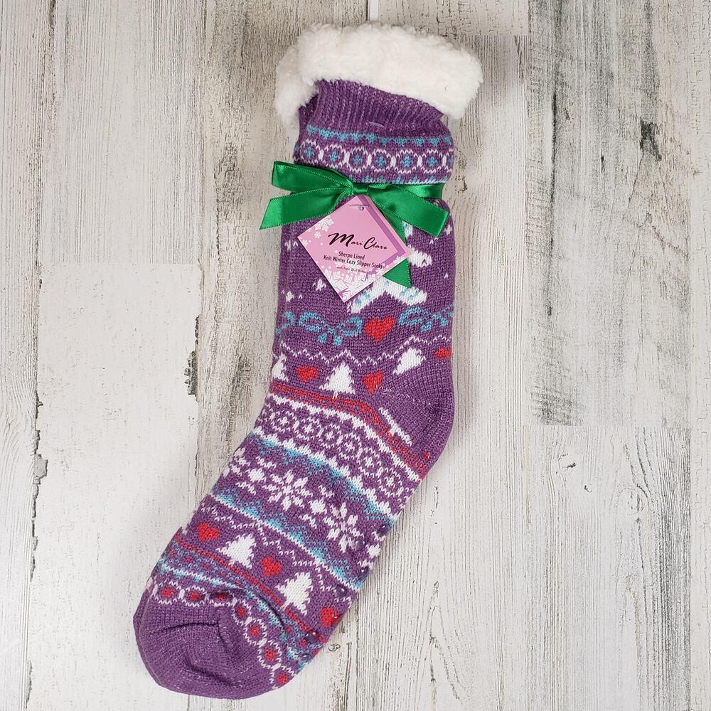 NWT Mari Clare Sherpa Lined Knit Winter Holiday Design No-Slip Slipper Socks